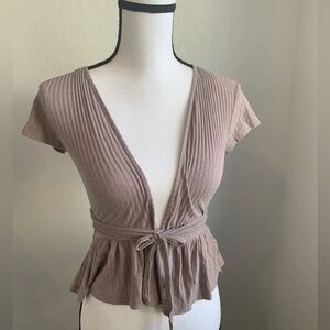 Urban Outfitters Deep V-Neck Tie Top in Mauve
